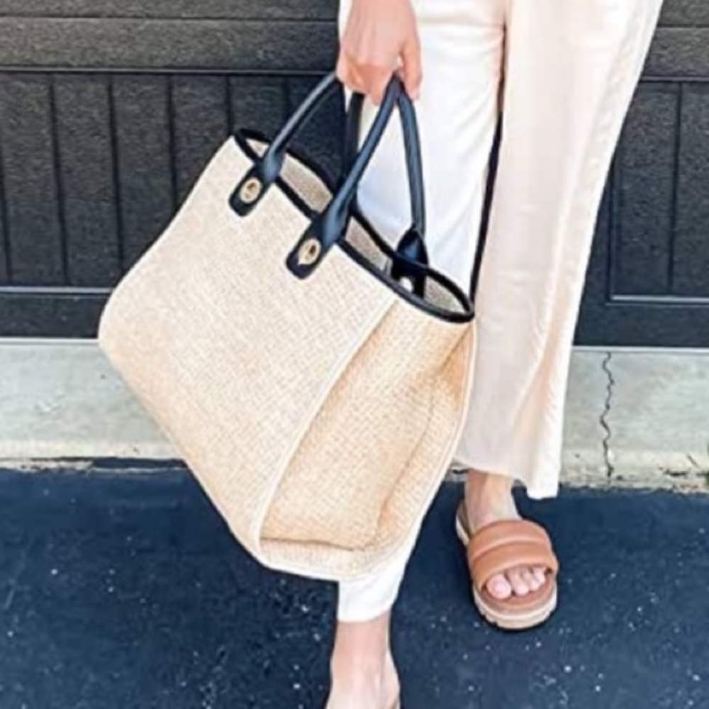 Woven Straw Tote Bag with Black Trim - Picture 1 of 4